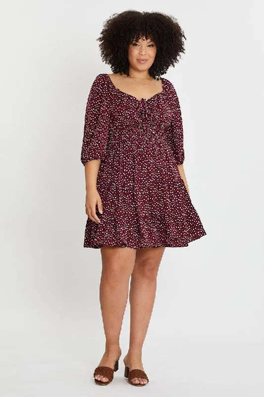 Geo Print Skater Dress Sweetheart Long Sleeve Tie