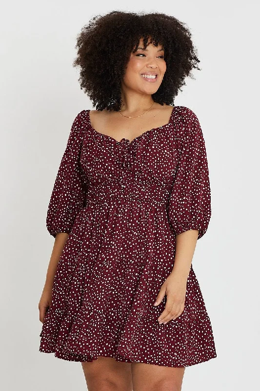 Geo Print Skater Dress Sweetheart Long Sleeve Tie