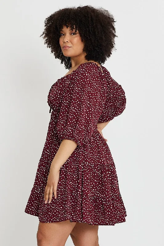 Geo Print Skater Dress Sweetheart Long Sleeve Tie