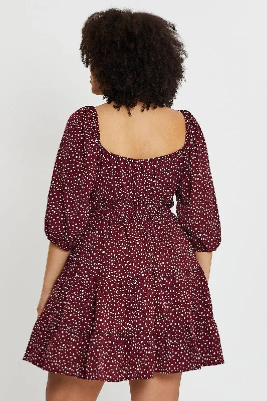 Geo Print Skater Dress Sweetheart Long Sleeve Tie