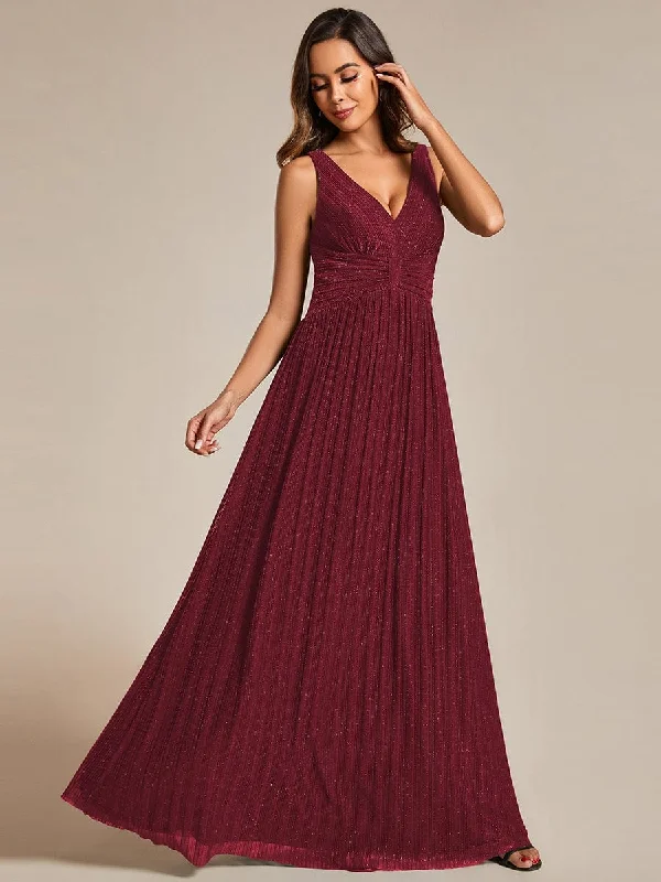 Glittery Sleeveless  Pleated Empire Waist A-Line Formal Evening Dress