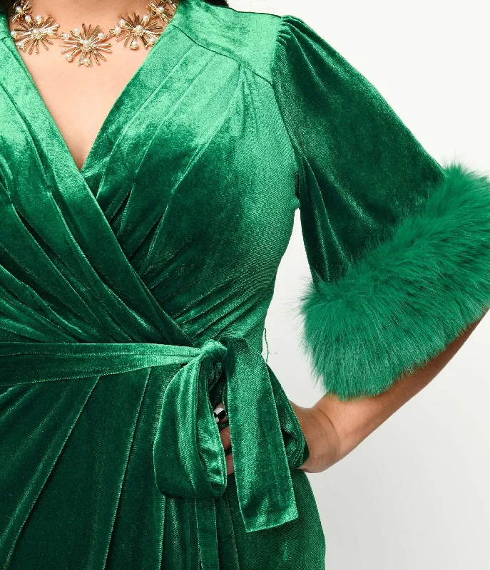 1940s Green Velvet Fifth Avenue Wrap Wiggle Dress