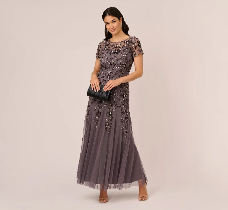 Hand Beaded Short Sleeve Floral Godet Gown In Moonscape