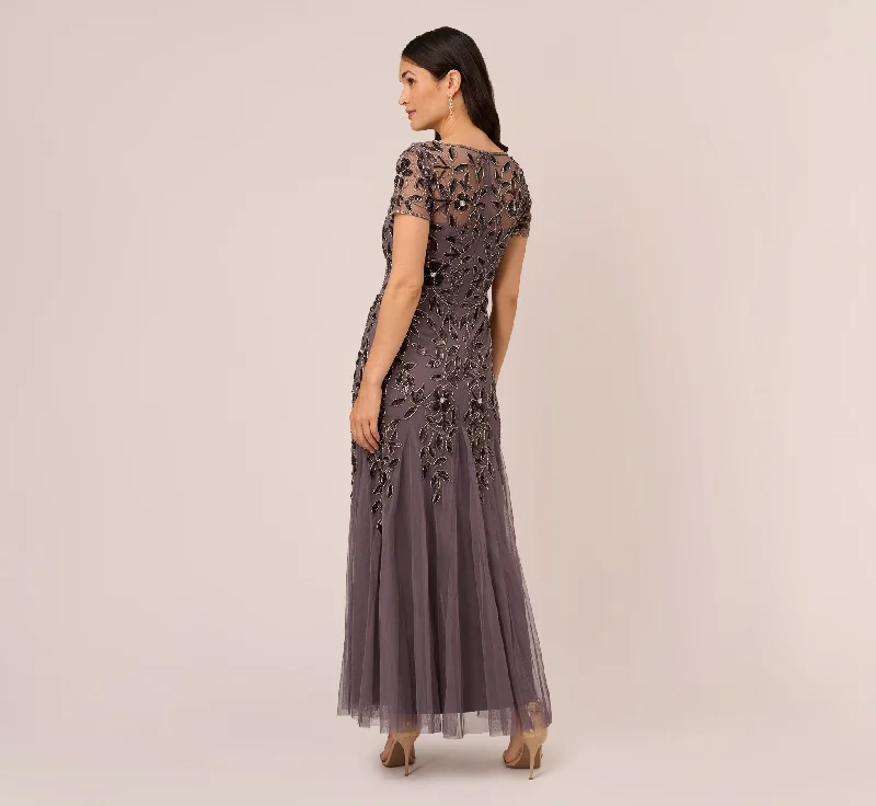 Hand Beaded Short Sleeve Floral Godet Gown In Moonscape