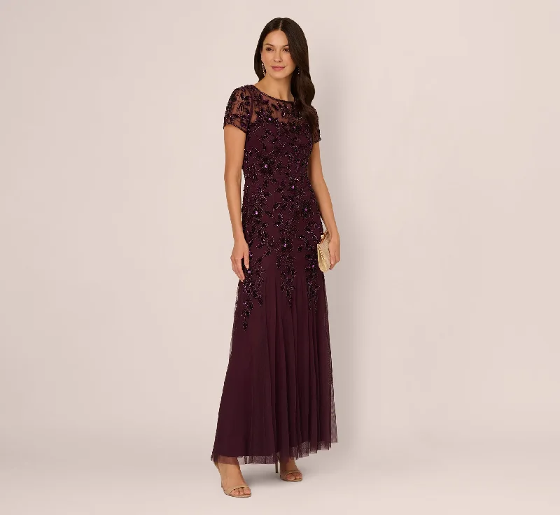 Hand Beaded Short Sleeve Floral Godet Gown In Night Plum