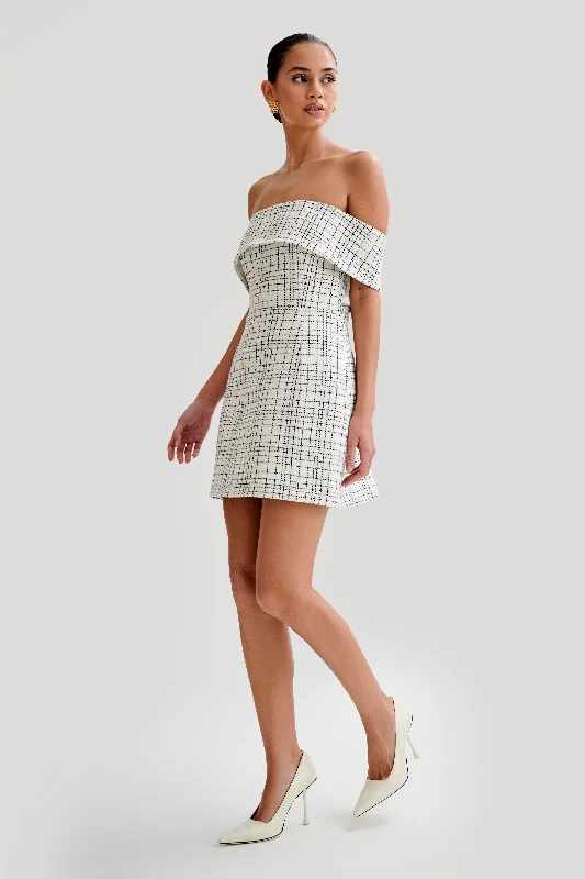 Helena Tweed Off Shoulder Mini Dress - White Check