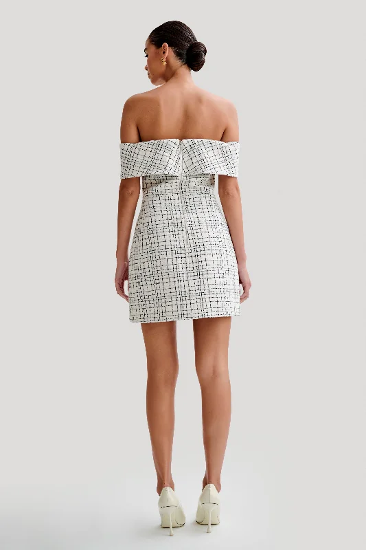 Helena Tweed Off Shoulder Mini Dress - White Check