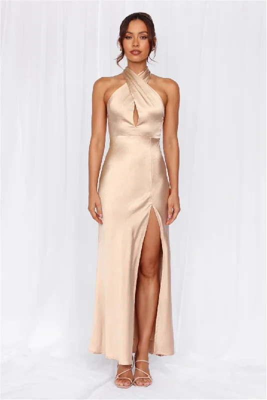 HELLO MOLLY The Adeline Halter Satin Maxi Dress Champagne