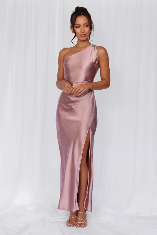 HELLO MOLLY The Aurora One Shoulder Satin Maxi Dress Dusty Pink