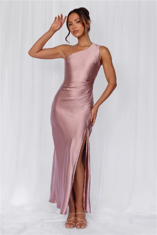 HELLO MOLLY The Aurora One Shoulder Satin Maxi Dress Dusty Pink