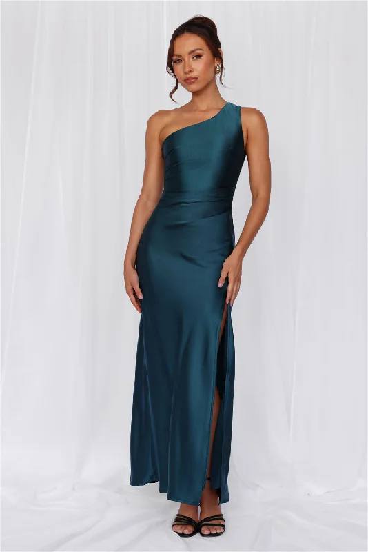 HELLO MOLLY The Aurora One Shoulder Satin Maxi Dress Teal