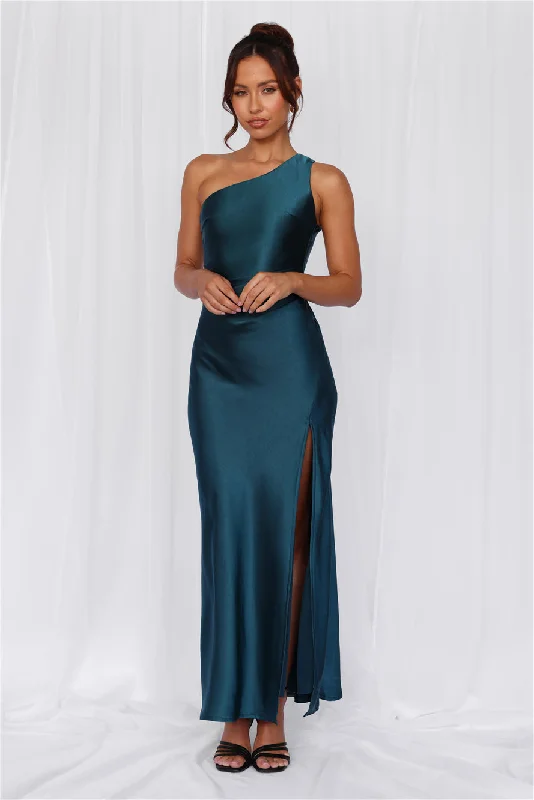 HELLO MOLLY The Aurora One Shoulder Satin Maxi Dress Teal