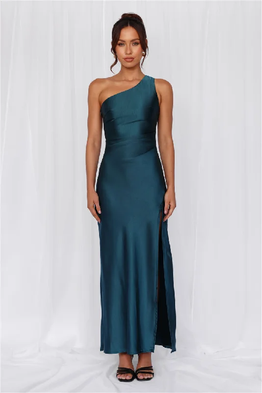 HELLO MOLLY The Aurora One Shoulder Satin Maxi Dress Teal