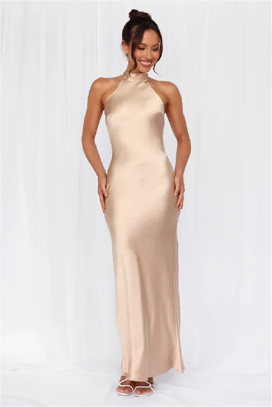 HELLO MOLLY The Cleo Halter Satin Maxi Dress Champagne