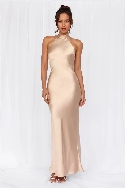 HELLO MOLLY The Cleo Halter Satin Maxi Dress Champagne