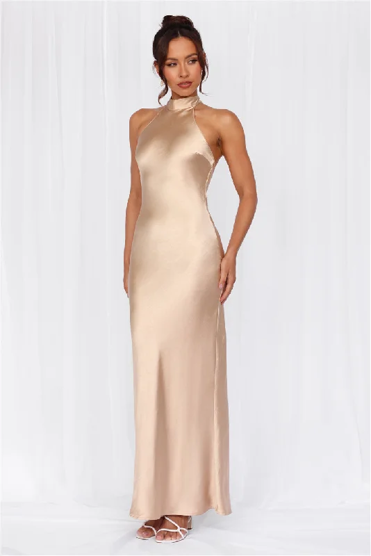 HELLO MOLLY The Cleo Halter Satin Maxi Dress Champagne