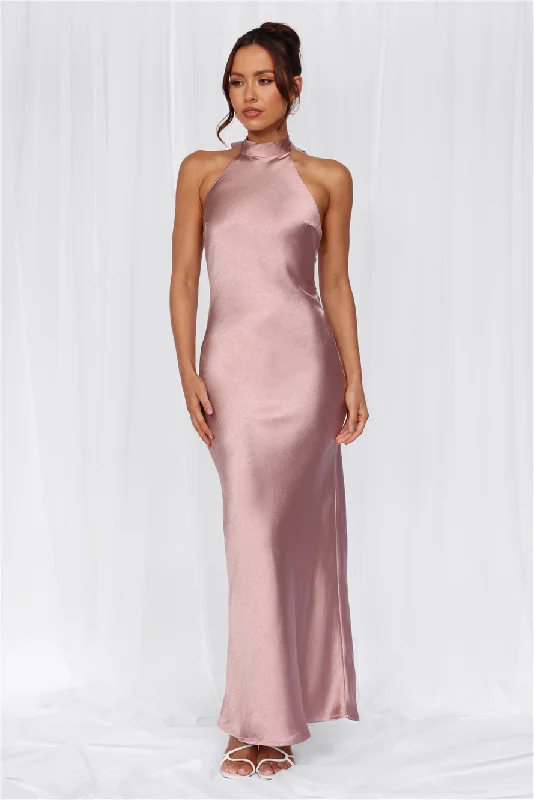 HELLO MOLLY The Cleo Halter Satin Maxi Dress Dusty Pink