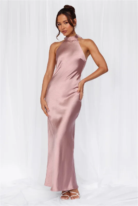 HELLO MOLLY The Cleo Halter Satin Maxi Dress Dusty Pink