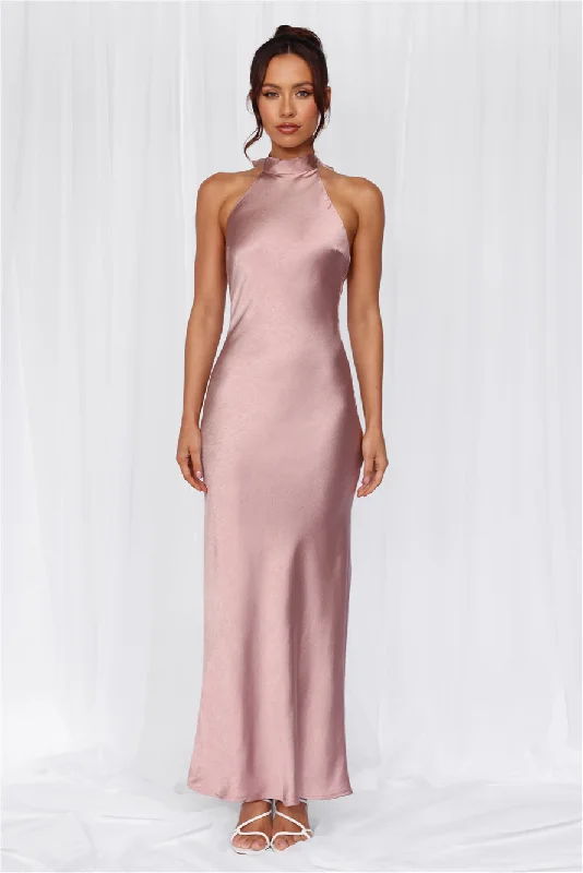 HELLO MOLLY The Cleo Halter Satin Maxi Dress Dusty Pink