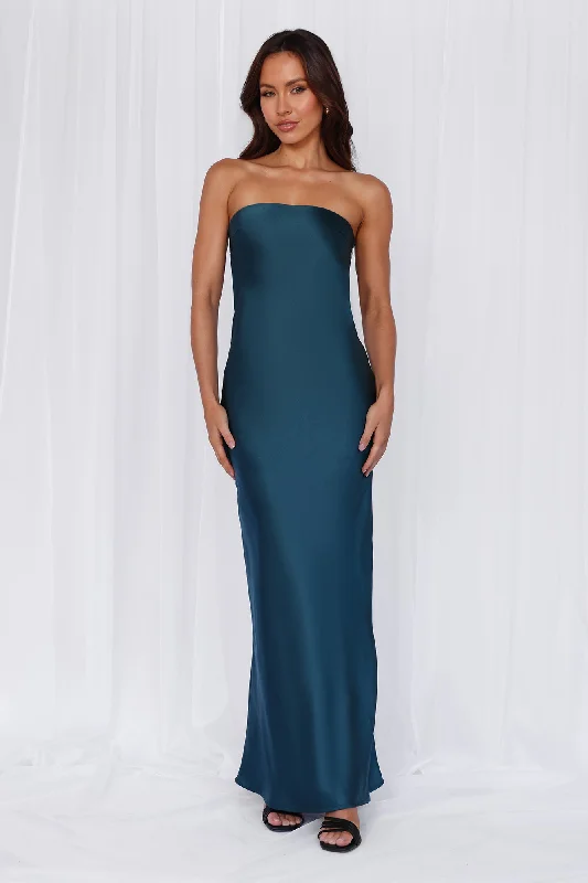 HELLO MOLLY The Felicity Strapless Satin Maxi Dress Teal