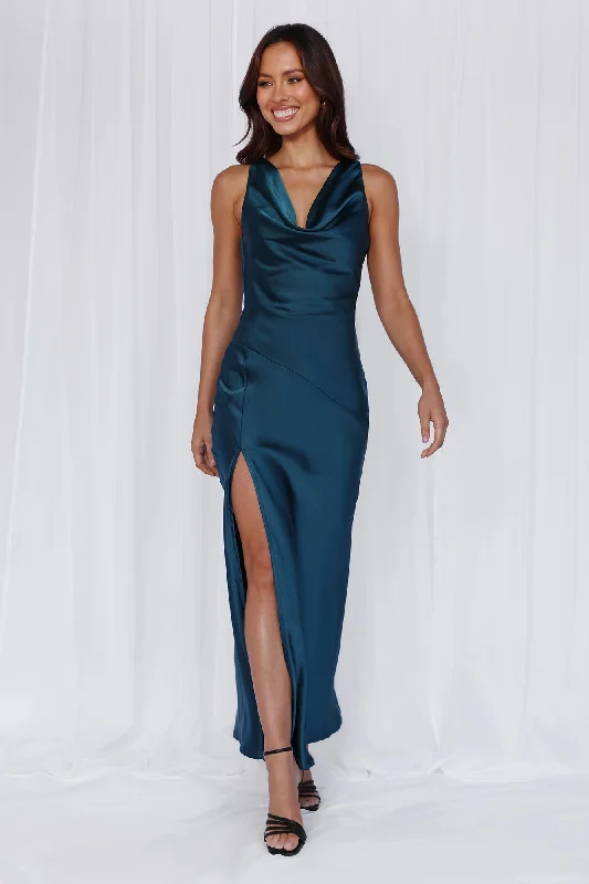 HELLO MOLLY The Loretta Cowl Satin Maxi Dress Teal