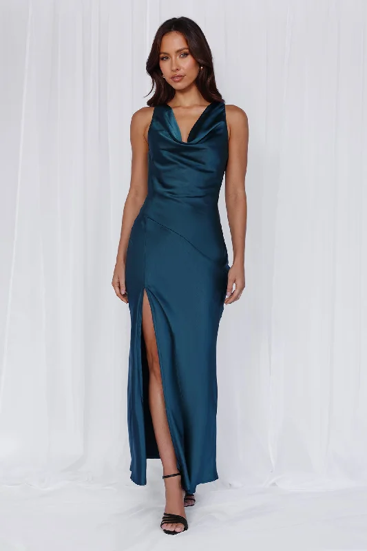 HELLO MOLLY The Loretta Cowl Satin Maxi Dress Teal