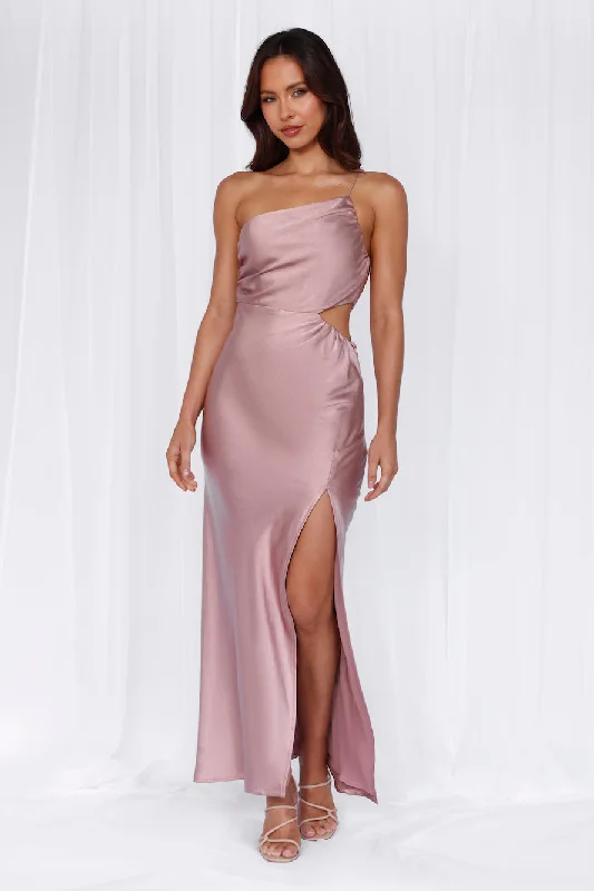 HELLO MOLLY The Opal One Shoulder Satin Maxi Dress Dusty Pink