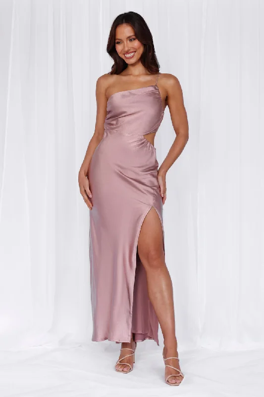 HELLO MOLLY The Opal One Shoulder Satin Maxi Dress Dusty Pink