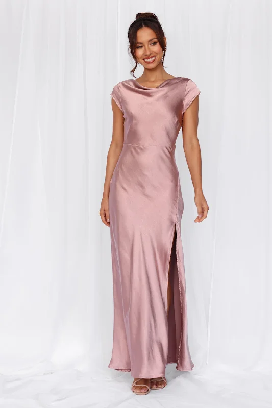 HELLO MOLLY The Valentina Cap Sleeve Satin Maxi Dress Dusty Pink