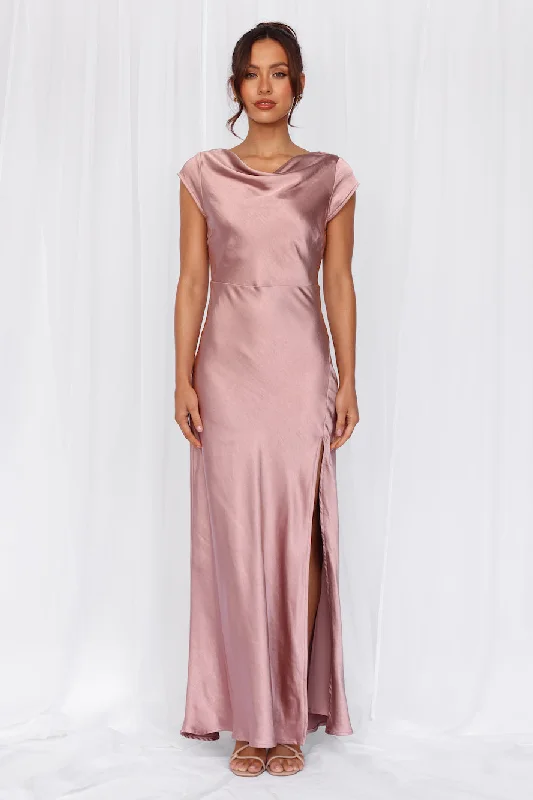 HELLO MOLLY The Valentina Cap Sleeve Satin Maxi Dress Dusty Pink