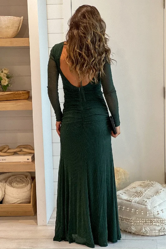 Hunter Green Glitter Maxi Dress With Slit And Open Back