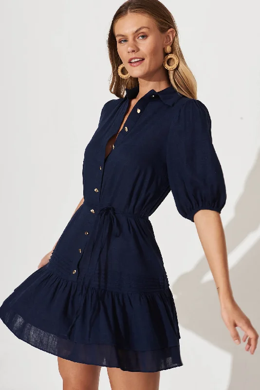 Irresistible Shirt Dress In Navy Linen Cotton Blend