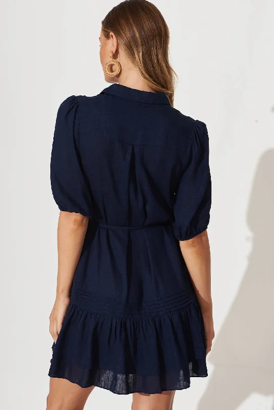 Irresistible Shirt Dress In Navy Linen Cotton Blend