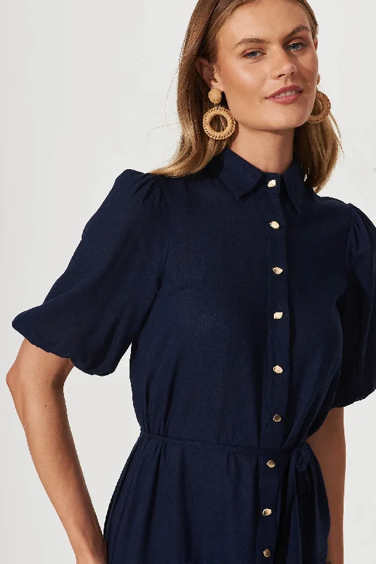 Irresistible Shirt Dress In Navy Linen Cotton Blend