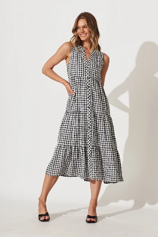 Jolly Midi Smock Dress In Black Gingham Check Cotton Blend