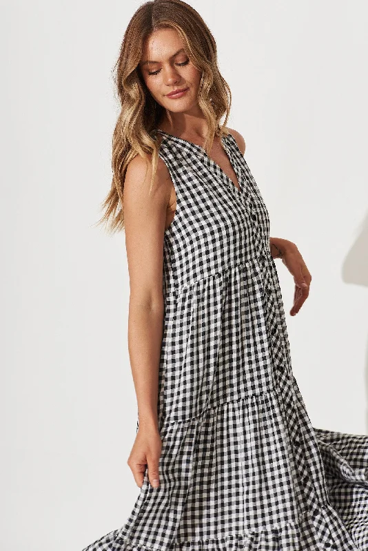 Jolly Midi Smock Dress In Black Gingham Check Cotton Blend