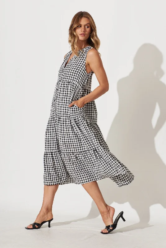 Jolly Midi Smock Dress In Black Gingham Check Cotton Blend