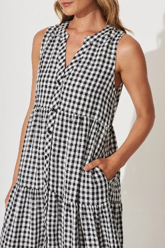 Jolly Midi Smock Dress In Black Gingham Check Cotton Blend