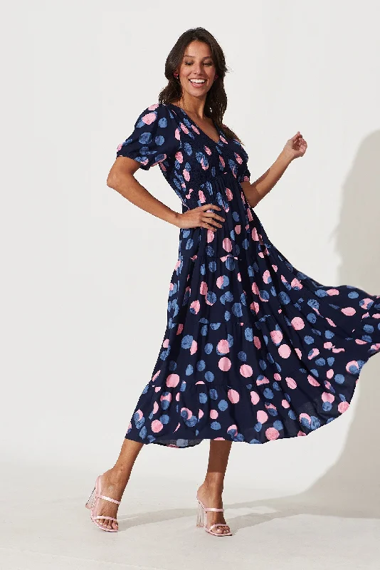 Kami Maxi Dress In Navy With Pink And Blue Spot