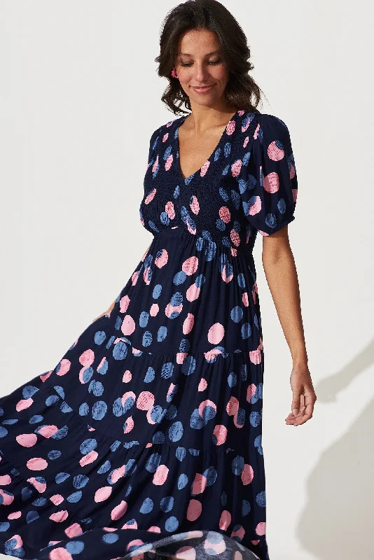 Kami Maxi Dress In Navy With Pink And Blue Spot