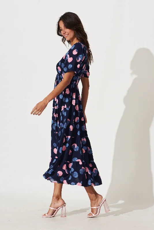 Kami Maxi Dress In Navy With Pink And Blue Spot