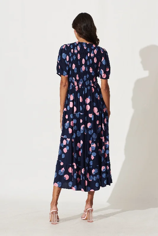 Kami Maxi Dress In Navy With Pink And Blue Spot