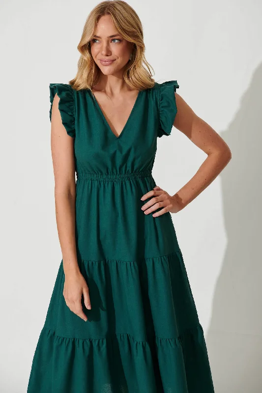 Karina Midi Dress In Teal Cotton Linen