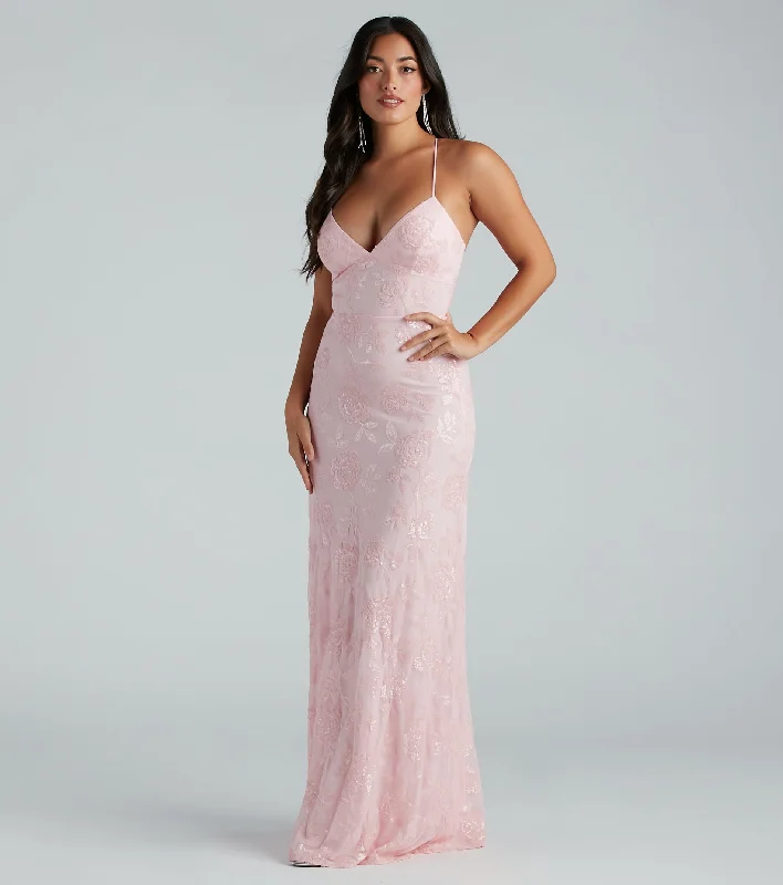 Kleo Formal Sequin Rose Lace-Up Mermaid Dress