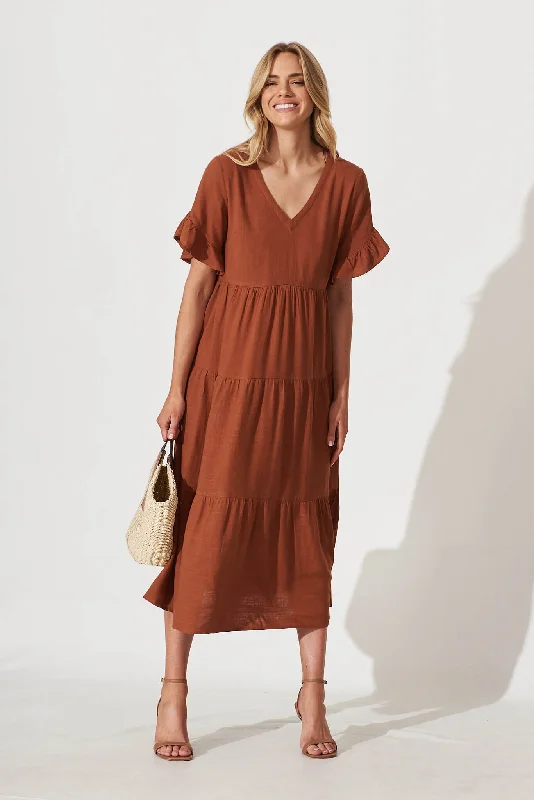 Kristen Midi Dress In Tan Linen Blend