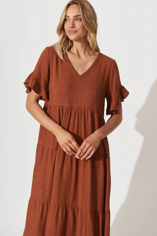 Kristen Midi Dress In Tan Linen Blend