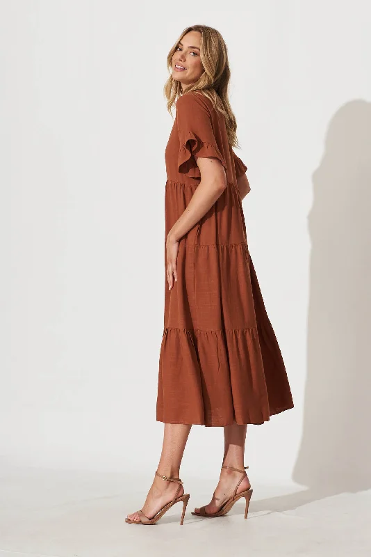 Kristen Midi Dress In Tan Linen Blend