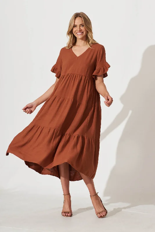 Kristen Midi Dress In Tan Linen Blend