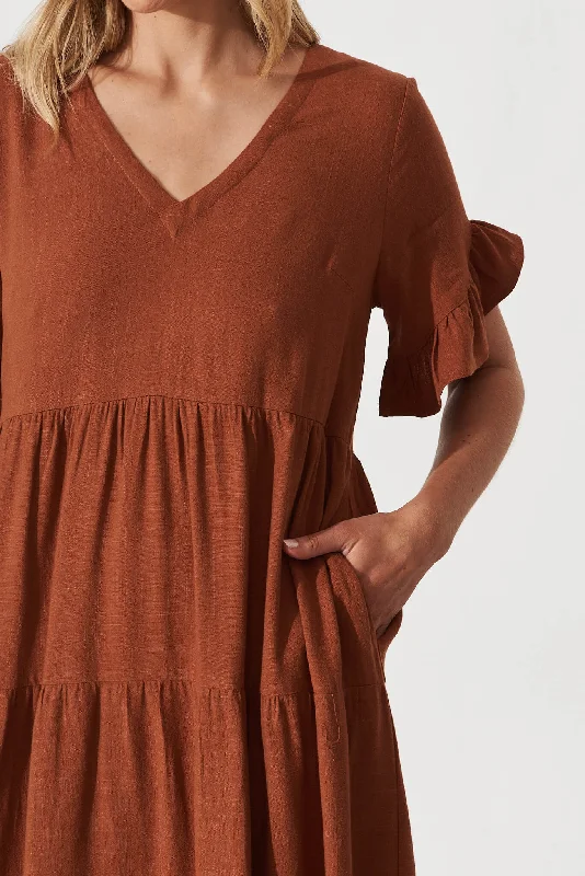 Kristen Midi Dress In Tan Linen Blend