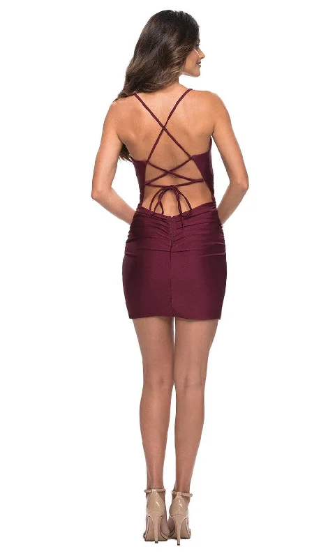 La Femme - Deep V-Neck Ruched Short Dress 30248SC